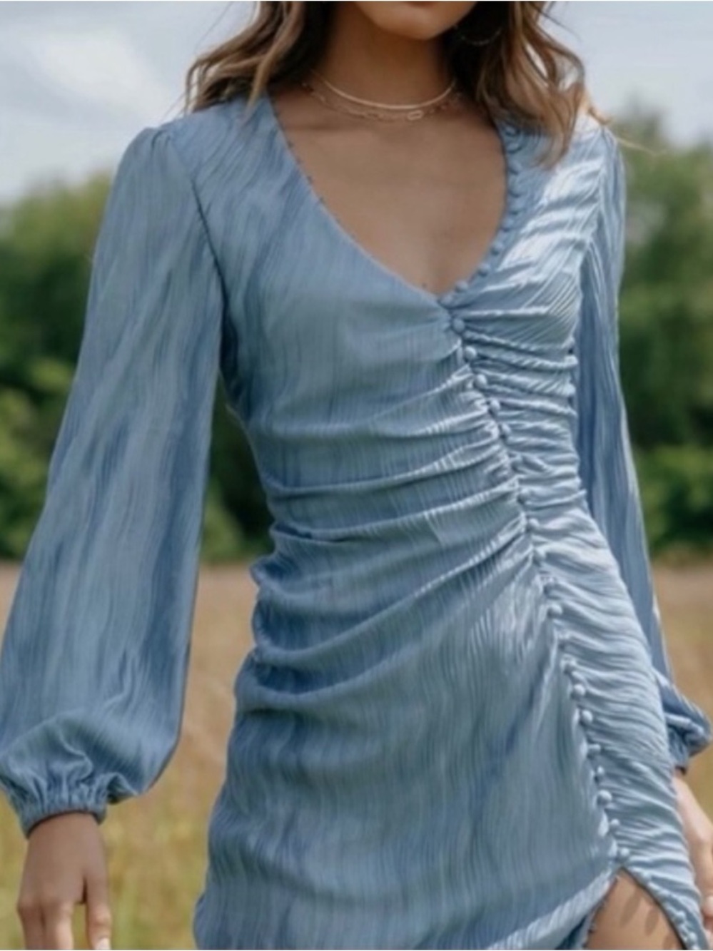 Kittenish V-Neck Long Sleeve Mini Dress Satin Silk Ruched Metallic Powdered Blue